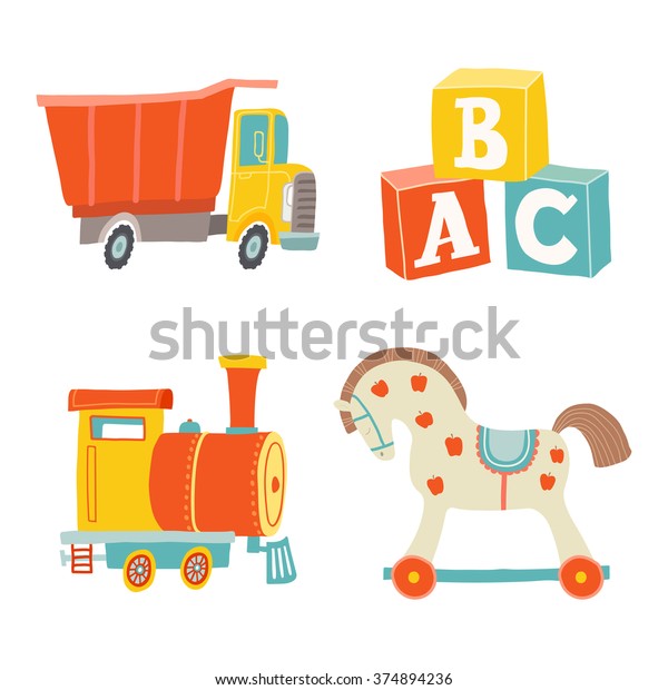 Kids First Toys icon set. Baby shower design
element. Cartoon vector hand drawn eps 10 illustration isolated on
white background.