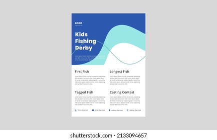 Kids Fishing Derby Flyer Template. Kids Fishing Tournament Poster Leaflet. Fishing Event Design Print Ready.