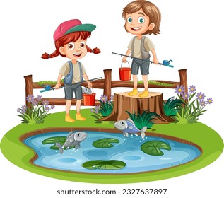 Kids Fishing in Pond illustration