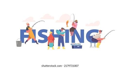 Kids Fishing Poster, Children Fishermen Concept, Little Boys and Girls with Rods on Pier. Characters Summer Time Recreation, Hobby, Leisure on Nature Banner or Flyer. Cartoon Vector Illustration