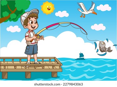 niños pescando en el vector de dibujos animados del mar