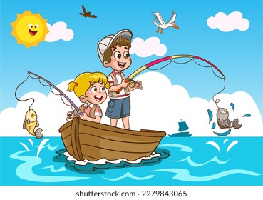 niños pescando en el vector de dibujos animados del mar