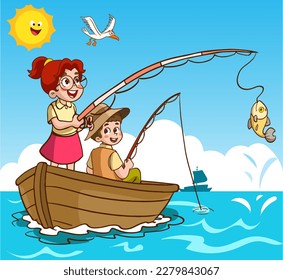 kids fishing in the sea cartoon vector