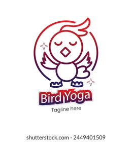 Kids fitness and fashion logo with a cute baby bird doing yoga. Dummy text vector illustration on white background.