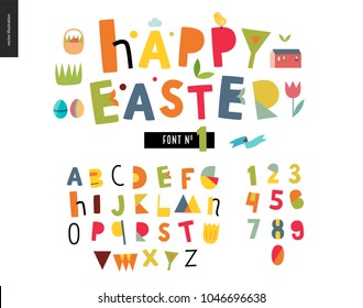 Kids flat alphabet set - Happy easter latin font - letters and digits