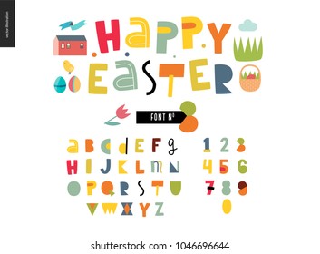 Kids flat alphabet set - Happy easter latin font - letters and digits