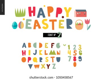 Kids flat alphabet set - Happy easter latin font - letters and digits