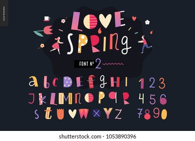 Kids flat alphabet set - Love spring latin font - letters and digits