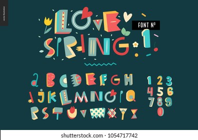 Kids flat alphabet set - Love spring latin font - letters and digits