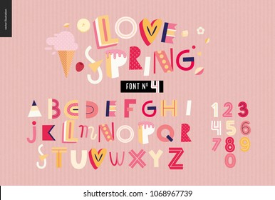 Kids flat alphabet set - Love spring latin font - letters and digits