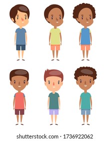 Juegos de ilustraciones planas para niños. Niños pequeños sonrientes con ropa informal Alegres estudiantes de primaria, alumnos de kindergarten personajes de caricatura.