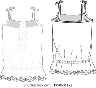 Kids flat sketch clothes for older girls. Dresses , pants , blouses , hoodies vector.