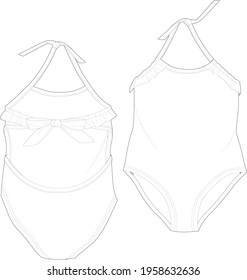 Kids Flat Sketch Swimwear For Older Girls And Boys.