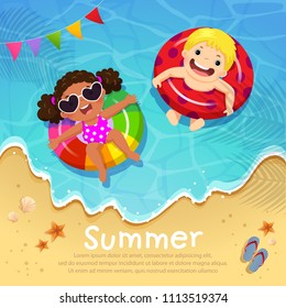 Kids floating on inflatable at the beach in summer time. Template for advertising brochure