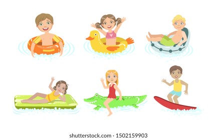 Kids Floating on Inflatable Toys in Pool, Children Having Fun in Water Vector Illustration
