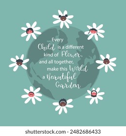 Kids Flowers Around Globe. Every Child is a Different Kind of Flower, and all together, make this World a Beautiful Garden Concept. Happy Baby Girls, Baby Boys. Cute Kids Faces. Children's Day. Vector