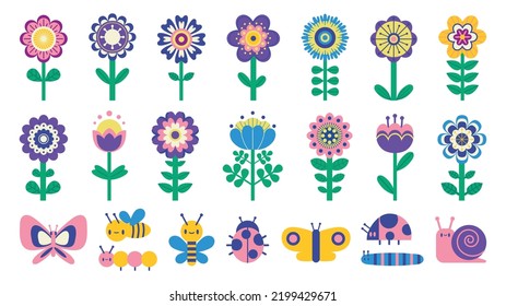 Kids flowers and butterflies. Cute cartoon simple flowers and bugs children illustration, spring and summer garden elements clipart. Vector isolated set. Colorful blooming plants with bee, ladybug