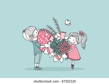 kids with flowers and egg for easter decoration