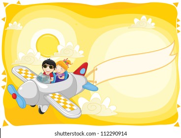 Kids fly by plane with banner vector illustration