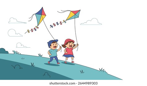 Kids Flying Colorful Kites on a Windy Hillside on a Beautiful Summer Day