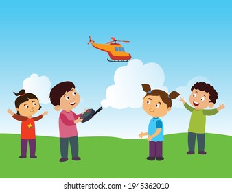 Kids flying helicopter vector illustration  