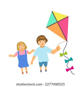 Kids flying a kite. Happy boy and girl playing together. Children with kite toy isolated on white background. Vector clip art