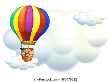 Kids flying on balloon in the sky illustration