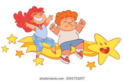 Kids flying on a comet. Concept design. Colorful cartoon characters. Funny vector illustration. Isolated on white background