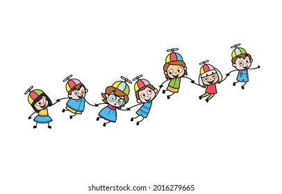 Kinder, die mit Propeller Cartoon Vektor fliegen