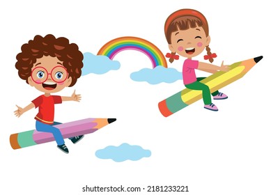kids flying with rainbow pencils