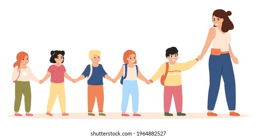 Kids following teacher. Kindergarten teacher takes children to class or for outdoor playing vector illustration. Elementary school pupils and teacher. Young boy nd girl kindergarten