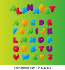 Kids font alphabet vector set of multicolored items. Cartoon Alphabetical letters for baby. Children bubble english lettering illustration on child holiday isolated on green background.