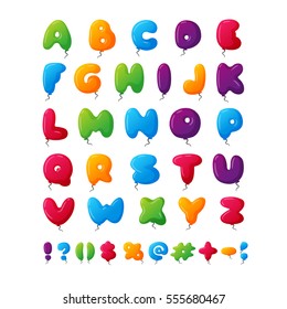 Kids font alphabet vector set of multicolored items. Cartoon Alphabetical letters for baby. Children bubble english lettering illustration on child holiday isolated on white background.