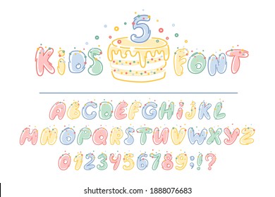 Kids font in the cartoon style, alphabet and numbers.
Set of  letters for events, promotions, logos, banner, monogram and poster. Vector illustration.
