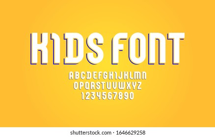 Kids font, modern trendy alphabet, white Latin letters (A, B, C, D, E, F, G, H, I, J, K, L, M, N, O, P, Q, R, S, T, U, V, W, X, Y, Z) and Arabic numerals (0, 1, 2, 3, 4, 5, 6, 7, 8, 9), vector 10eps