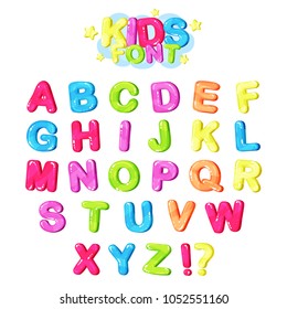 Kids font, multicolored bright letters of the English alphabet and punctuation symbols vector Illustration