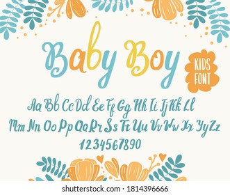 Kids font. Typography alphabet with colorful child illustrations. Handwritten script for party celebration and crafty design. Vector with hand-drawn lettering.