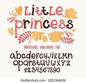 Kids font. Typography alphabet with colorful child illustrations. Handwritten script for party celebration and crafty design. Vector with hand-drawn lettering.