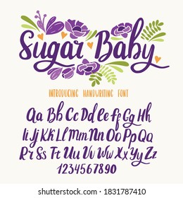 Kids font. Typography alphabet with colorful child illustrations. Handwritten script for party celebration and crafty design. Vector with hand-drawn lettering.