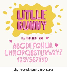 Kids Font. Typography Alphabet With Colorful Child Illustrations. Handwritten Script For Party Celebration And Crafty Design. Vector With Hand-drawn Lettering.