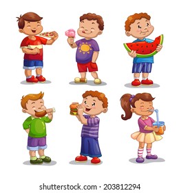 Kids with food and drink, isolated vector