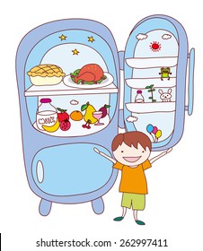 Kids with food and drink, isolated vector. refrigerator.
