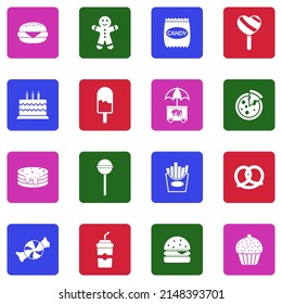 Kids Food Icons. White Flat Collection In Square. Vector Illustration.