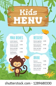 Kids Food Menu Design Template With Cute Character - Monkey On Jungle Rainforest Background. 