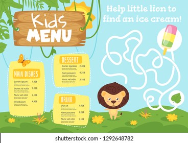Kids Food Menu Design Template With Cute Character - Lion On Jungle Rainforest Background. Children Education Board Game Or Maze.