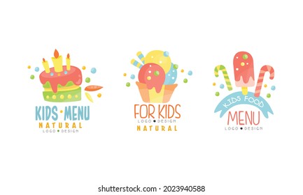 Kids Food Menu Original Logo Design Set, Natural Organic Meal for Children Labels Hand Drawn Vector Illustration