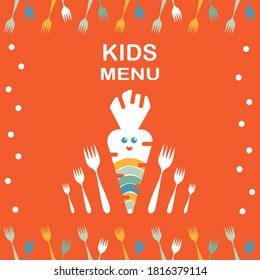 Kids food menu template. Kawaii carrots and Cutlery. Vector illustration