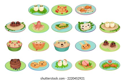 Kids Food Served On Plate In Shapes Of Animal Muzzle Big Vector Set