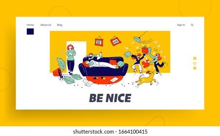 Kids Fooling and Fight Pillows, Making Mess around Website Landing Page. Naughty Hyperactive Children Fighting, Disturb Sleeping Father Web Page Banner. Cartoon Flat Vector Illustration, Line Art