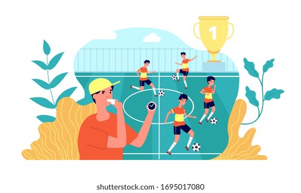 Kids football. Soccer play learning. Summer sport camp, kids team playing on field. Children training, cartoon boy in form vector concept